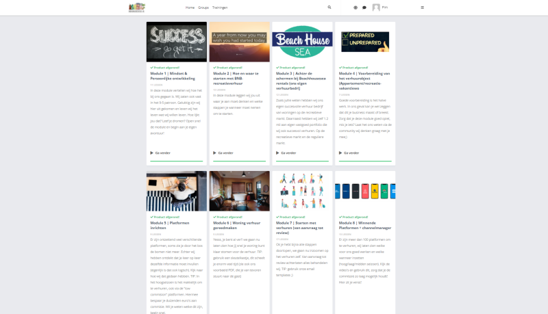 BNB verhuur cursus review - beginscherm trainingen